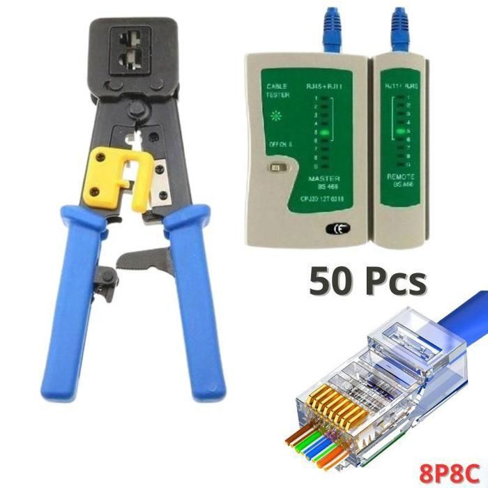 Pince à sertir Professionnel Câble Réseau LAN Téléphone RJ45 RJ12 RJ11 + Testeur + 50 connecteurs RJ45 Cat6 Cat5 8P8C