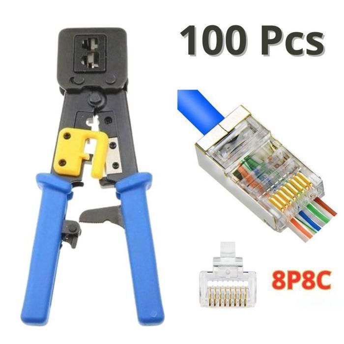 Pince Professionnel à sertir RJ45 RJ12 RJ11 - Avec Crémaillère + 100 connecteurs RJ45 Cat6 Cat5 8P8C