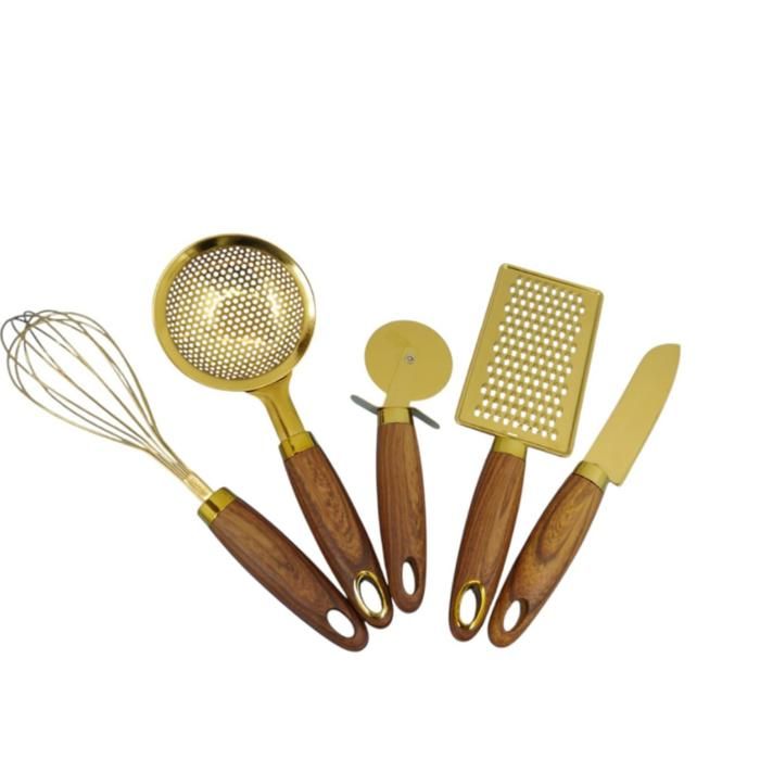 Ensemble d’ustensiles de cuisine dorés en 5 pièces en acier inoxydable.