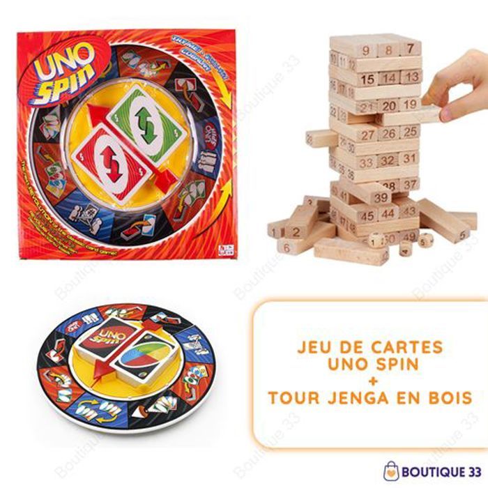 Uno Jeu de cartes UNO SPIN + Tour Jenga en bois