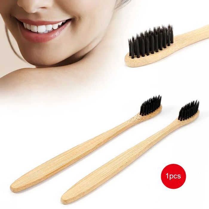 Brosse à dents en bambou, manche en bois, poils charbon, doux et souples