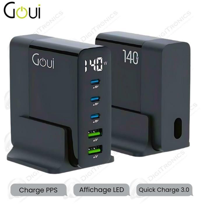 GAN 140 Chargeur de Bureau à 5 Ports - 140W Power Delivery PD, Qualcomm Quick Charge 3.0 - Affichage numérique intelligent