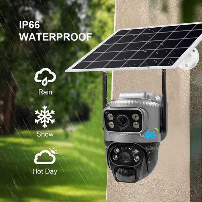 Camera de surveillance avec panneau solaire extérieure IP double à batterie basse 4MP caméra PTZ V380 caméra de sécurité solaire 4G