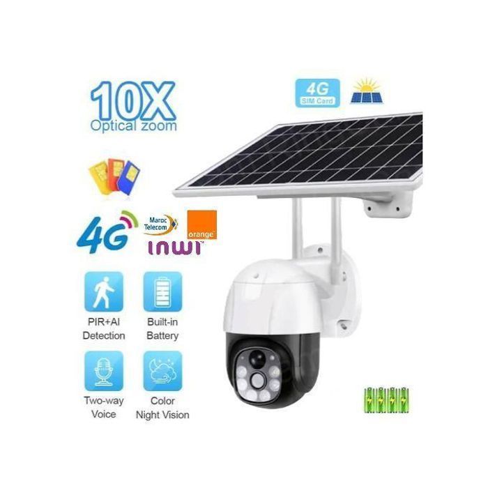 Camera de surveillance extérieure avec panneau solaire IP compatible avec SIM 4G tracker de mouvement zoom 10x