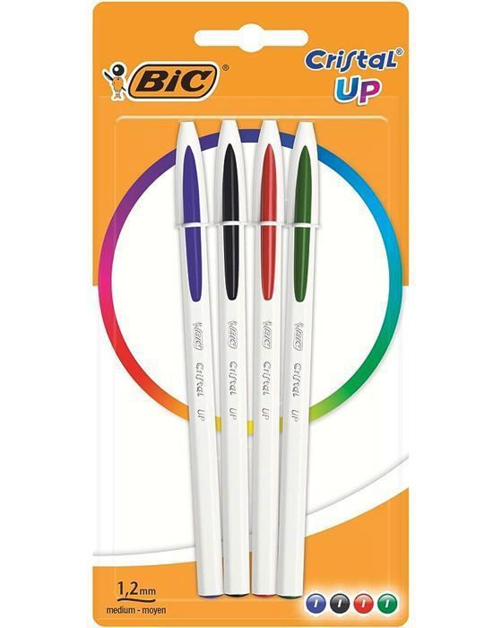 3 Paquets de quatre stylos BIC Cristal Up Stylo-Bille Pointe Moyenne (1,2 mm) - Couleurs Fantaisies Assorties, Blister de 4 X 3p
