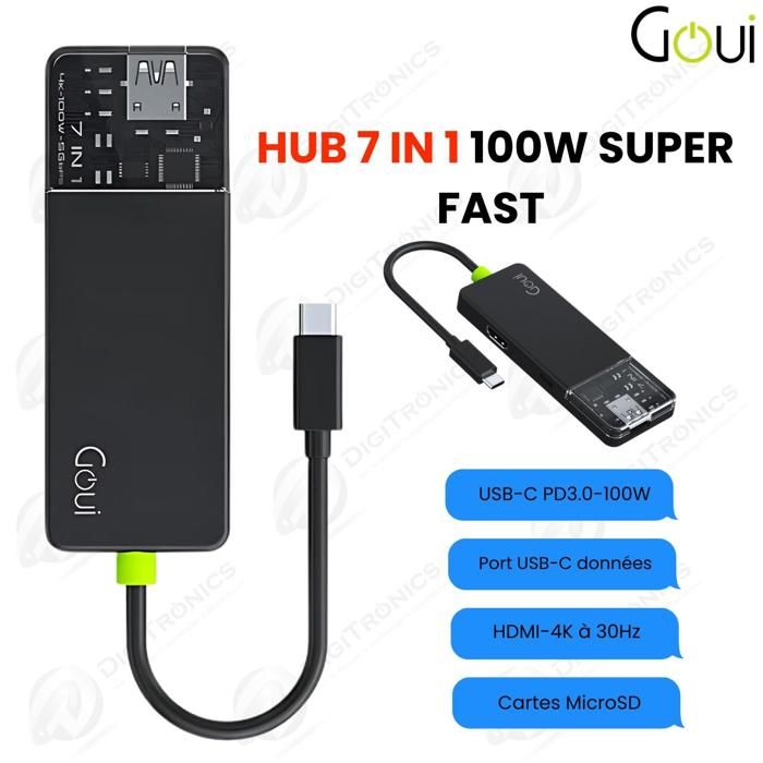 Hub 7 en 1 Super Rapide d’une Puissance Exceptionnelle De 100W Connecter plusieurs périphériques - Transfert de données ultra-rapide