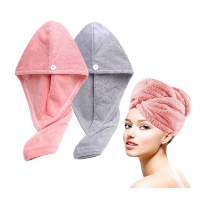 2 Serviettes microfibre de Bain pour cheveux Fermeture à boutons Rose Gris