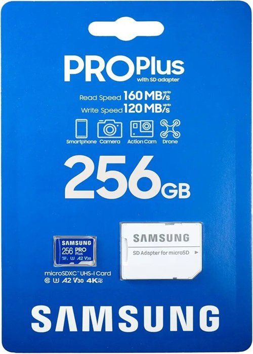 Samsung Carte mémoire 256G PRO Plus microSDXC™160MB/s UHS-I, U3, A2, V30, Full HD 4K UHD for Smartphones, Tablets, Go Pro, Drone
