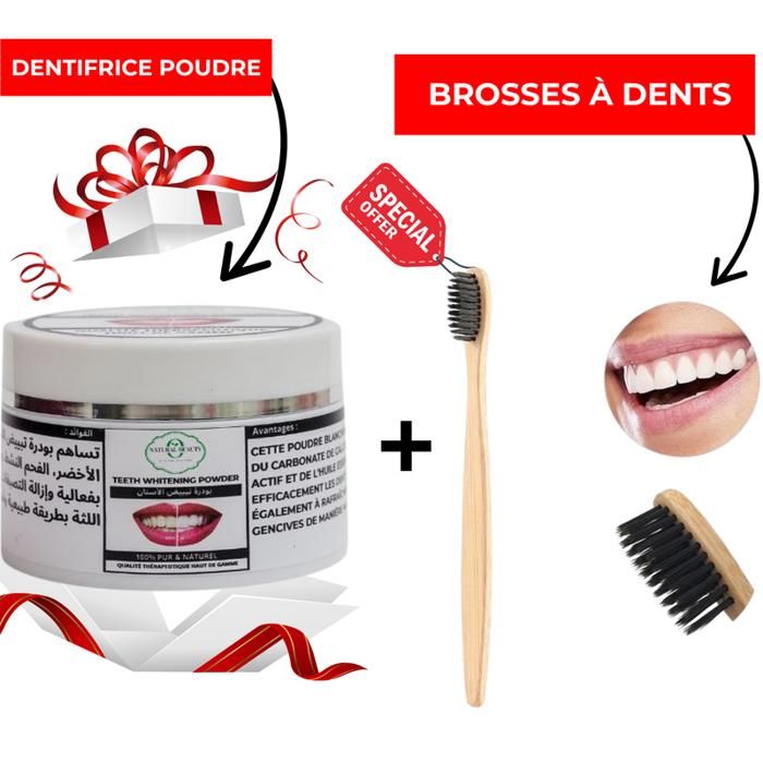 Dentifrice en Poudre + Brosses à dents en Bambou Naturel, 100% Biodégradable, Poils en charbon, Doux et Souples