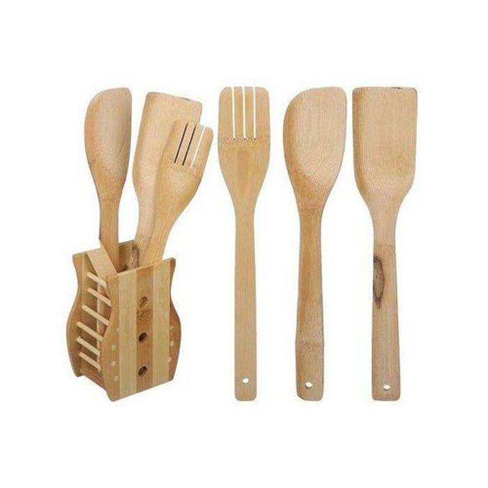 Set de Trois 3 Spatules en bambou + Joli Support, 3 Cuillères en Bois