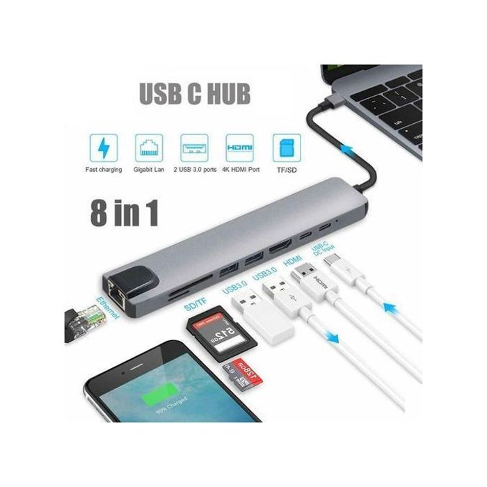 Hub USB-C 8 en 1 - Adaptateur Multiport - HDMI 4K - USB 3.0 - Compatible MacBook Pro - Plug and Play