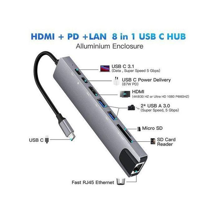 Adaptateur USB-C - Non spécifié - HUB 8 en 1 - 4K HDMI - USB 3.0 - Compatible MacBook