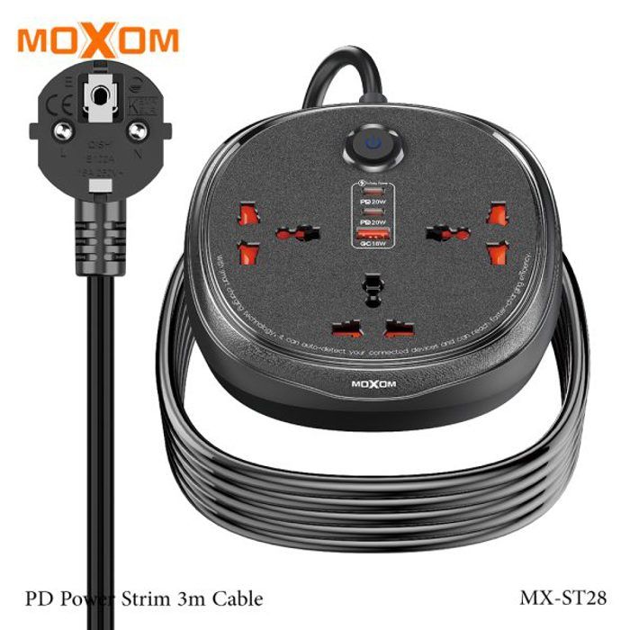 MOXOM Rallonge 3 métres MX-ST28 6in1 Power Strip 3 Socket USB-QC3.0 + 2 Type-C 20W 3m Noir