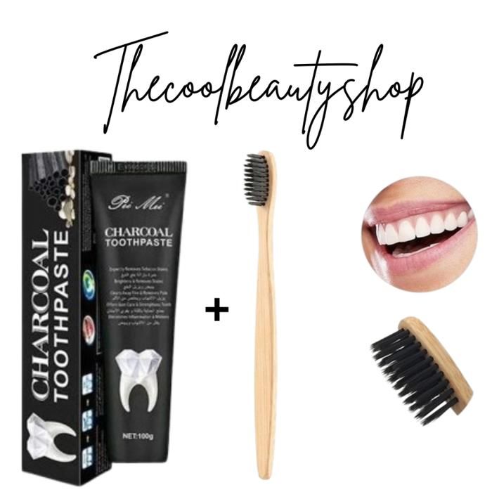 Dentifrice au charbon blanchiment des dents Natural + Brosses à dents en Bambou Naturel, 100% Biodégradable, Poils en charbon