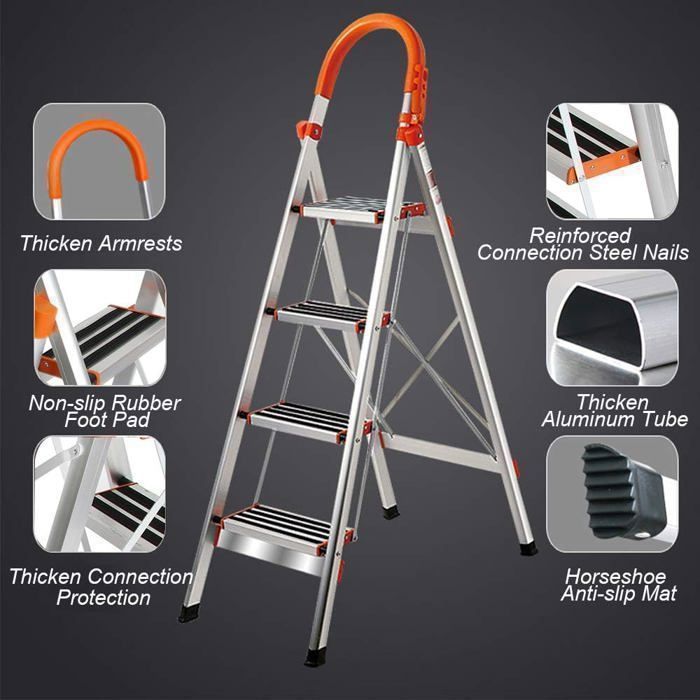 Escabeau pliable - Aluminium - 4 marches - Léger - Portable - Charge 150 kg