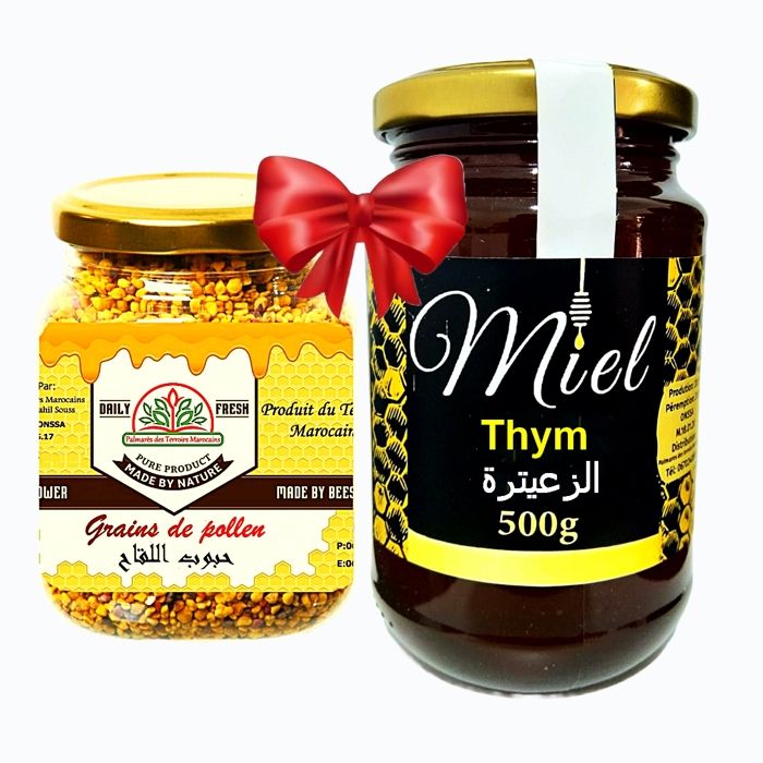 Miel Thym ( Toux ballonement Cicatrisant bronchite) 100% pure naturel 500g + Grains de pollen (Fértilité, superaliment) 100g