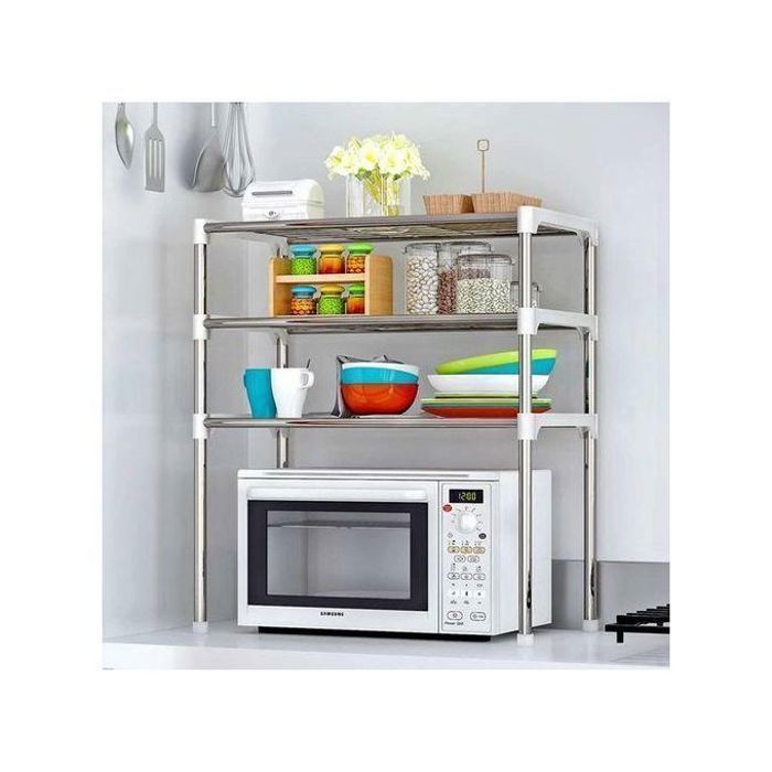 Étagère de cuisine - Inox - 3 niveaux - Support micro-ondes - Durable - Gain de place