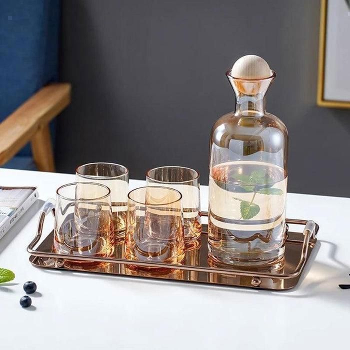 Ensemble de 7 pièces- Carafe et 6 verres a eau doré en cristallin et couvercle bambou