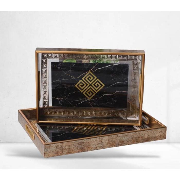 Ensemble 2 Plateaux - AYA HOME - Rectangulaire - Bois et Pexiglace - Dimensions 40x35 et 35x25 cm - Noir