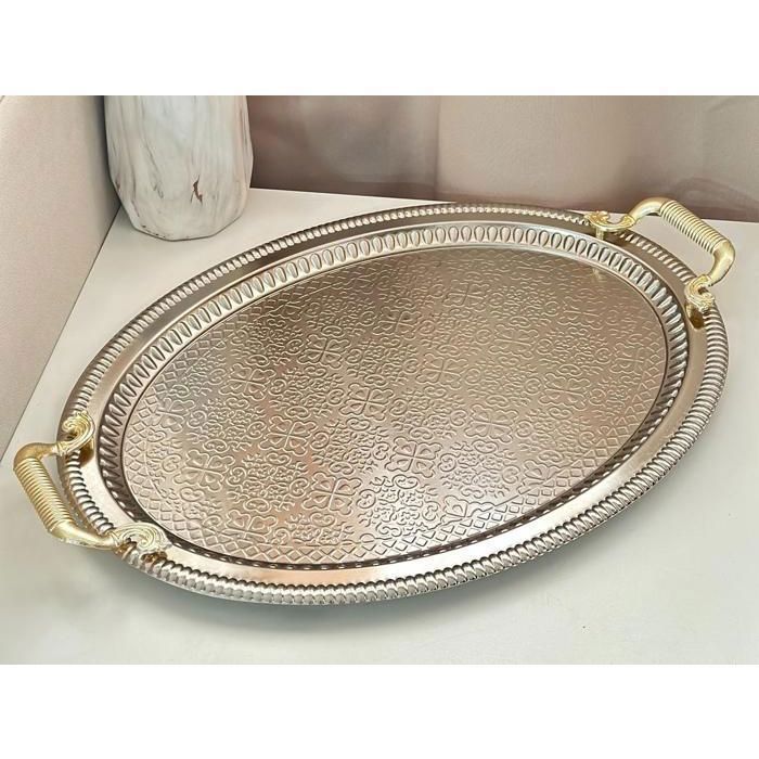 PLATEAU OVALE SENIA EN INOX 56/38cm-PLATEAU ARGENTE AVEC ANSES DOREES -POIT THE ET CAFE