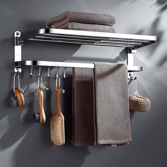 Porte-Serviettes Mural Pliable & Support de Serviette Étagère Inox & Crochets