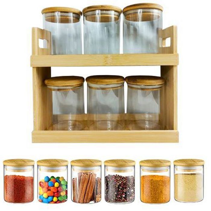Boites à épices hermétique en verre avec support en bambou, Pots à épices 6 Pcs