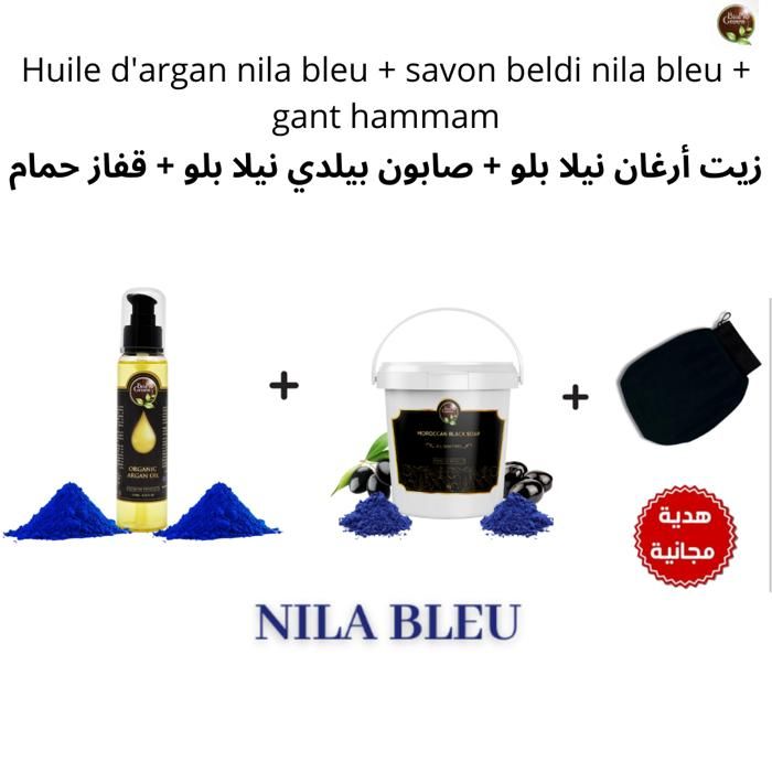 Coffret Élégance - Nila Bleu - Huile d'Argan - 100% Naturel - Visage et Corps - Gant de Kessa