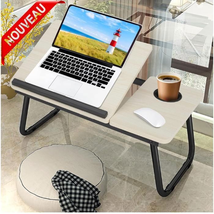 Support d'ordinateur portable Table pliante portable en metal avec porte-gobelet,pour ordinateur polyvalente,