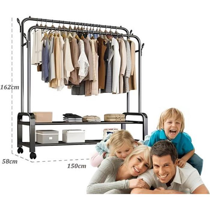 Portant à vêtements - Noname - Métal - Noir - Double pôle - Etagères intégrées