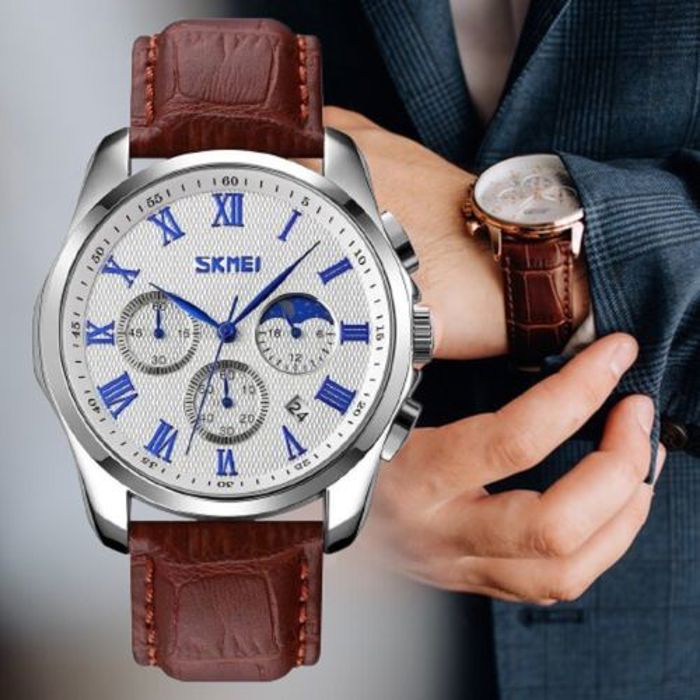 Skmei Montre à quartz classique pour hommes avec phase de lune et bracelet en cuir Marron