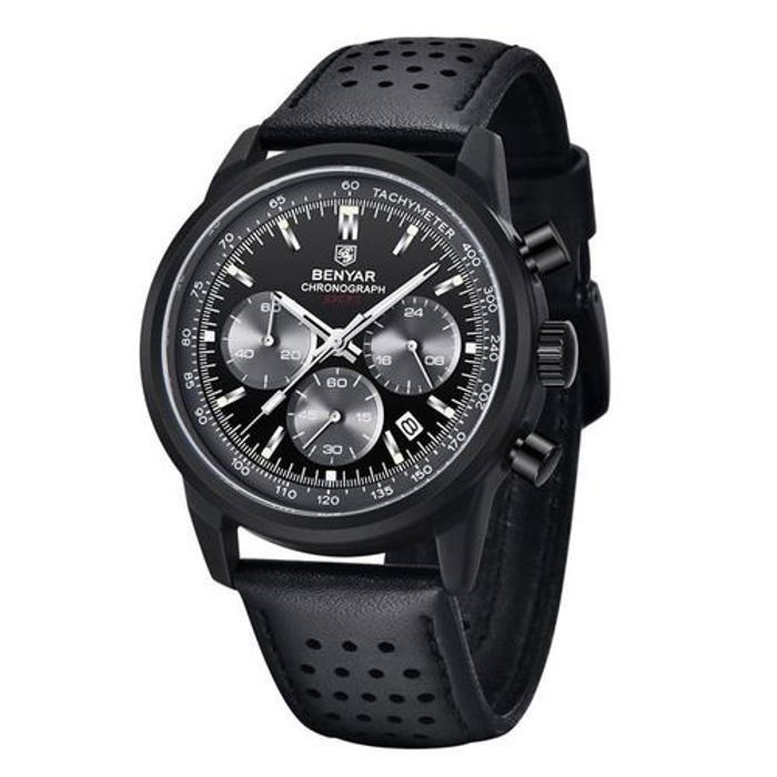 Benyar Montre pour homme en cuir, Noir