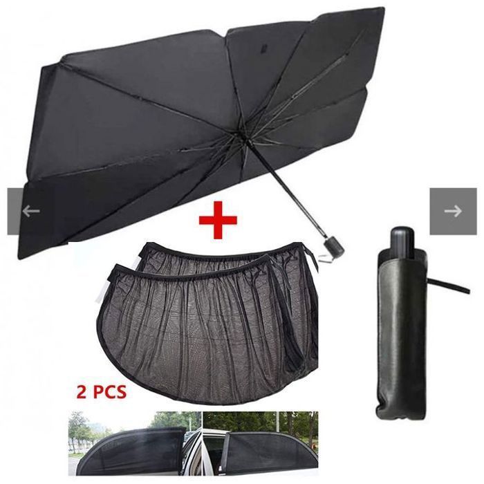 Couvre Pare-brise pliable pour la voiture bloc de lumière + parasol et 2 stores de voiture.