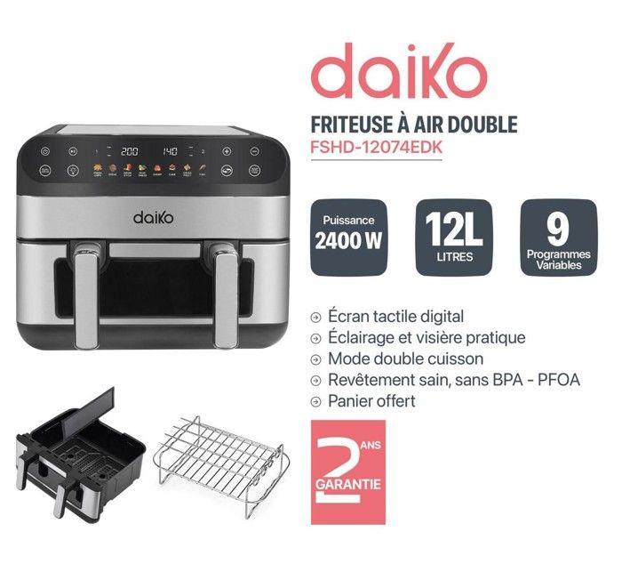 Friteuse XXL - DAIKO - Air Fryer TACTILE LED - 12 Litres - 2400W - Sans huile