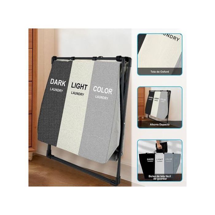 Panier à linge pliable - Laundry - 3 sections - Tissu Oxford 600D - Aluminium - Grande taille