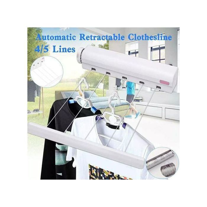 Corde à linge - Invisible - Rétractable - 5 cordes - Plastique - Blanc