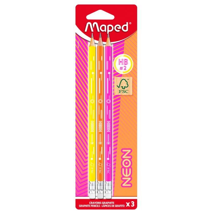Crayon à Papier HB2 - Maped - Néon - Ergonomique - Mine Résistante - Couleurs Fluo