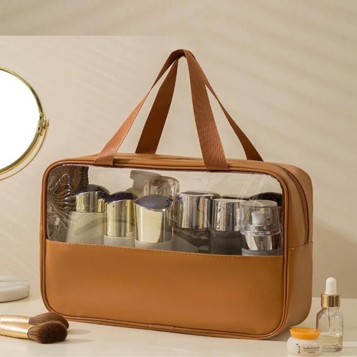 Sac de toilette imperméable et transparent pour rangement de cosmétiques marron