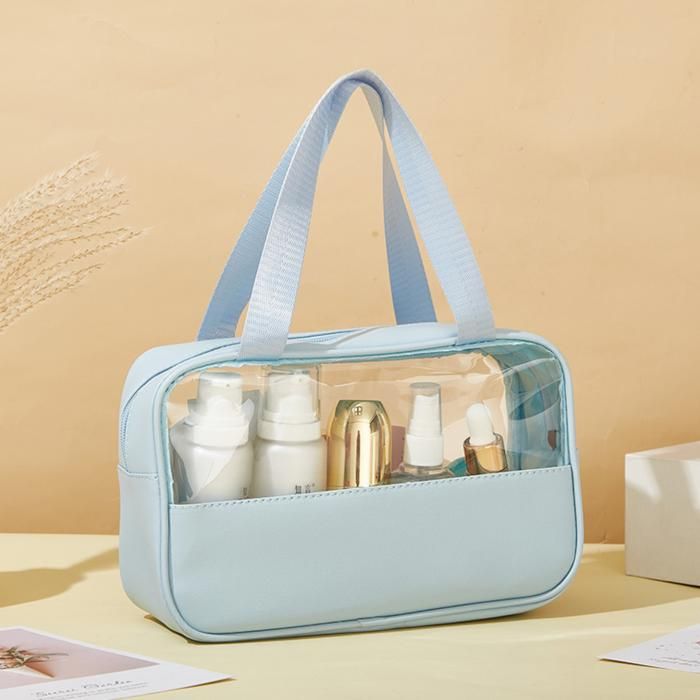Sac de toilette imperméable et transparent pour rangement de cosmétiques bleu