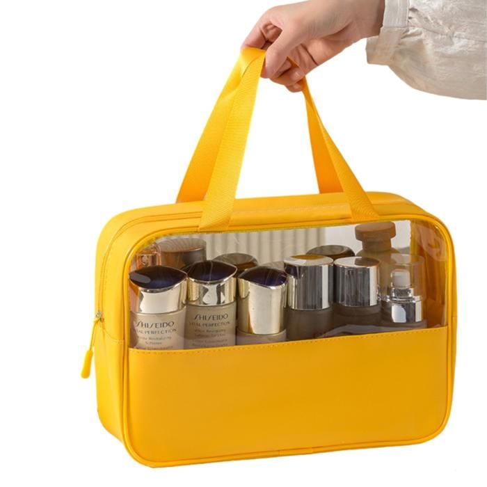 Sac de toilette imperméable et transparent pour rangement de cosmétiques jaune
