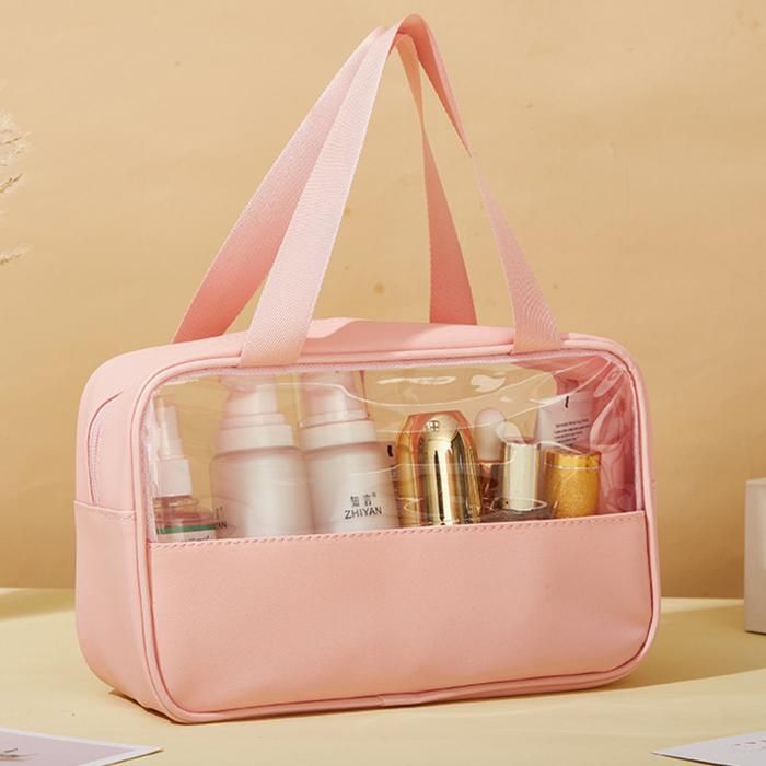 Sac de toilette imperméable et transparent pour rangement de cosmétiques rose