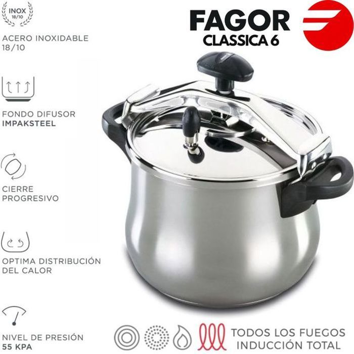 Cocotte Minute - FAGOR - CLASSICA - 6 Litres - Acier Inox 18/10 - Revêtement Antiadhésif