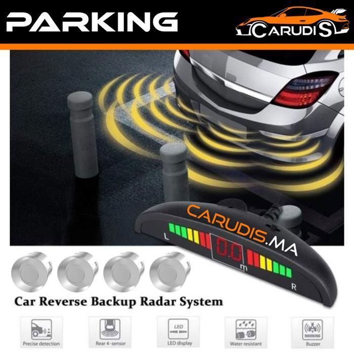 Radar de Recul Sonore avec afficheur LED couleur et 4 Capteurs de Stationnement Silver (Parking Radar)