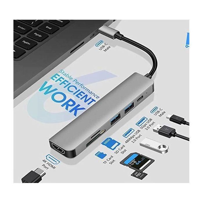 Adaptateur Multiport Type C 6 IN 1-HDMI 4K,Port USB 3.0,SDTF, PD..Compatible avec MacBook
