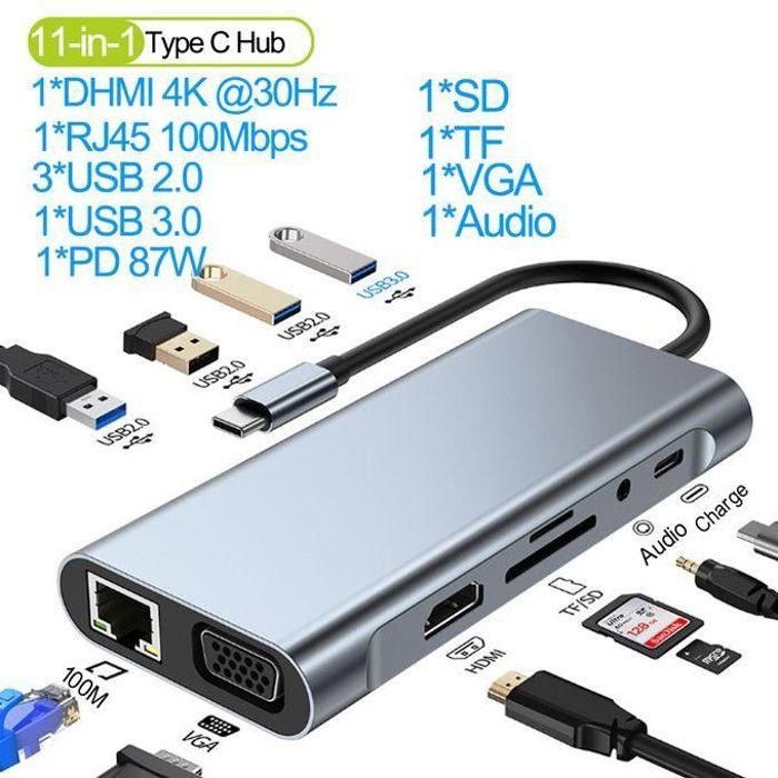 Adaptateur Hub Multiport Type C 11 IN 1-HDMI 4K,Port USB 3.0,SDTF, PD..Compatible avec MacBook