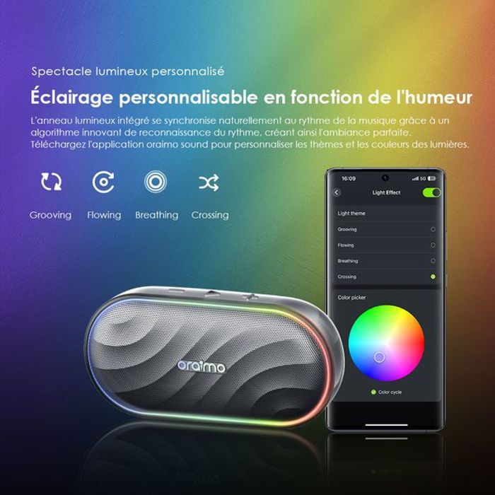 Haut-parleur - oraimo - SpaceBox - Bluetooth 5.4 - 8W - Lumières personnalisables