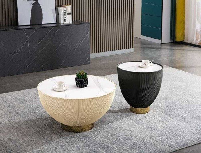 Table basse ronde - Inox - Moderne - Finition cuir - Design contemporain - Salon