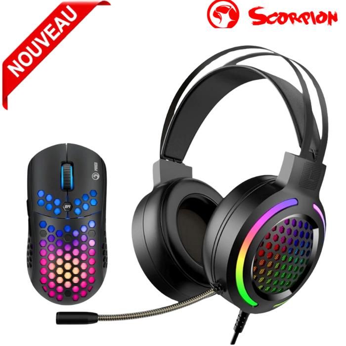 Marvo Ensemble souris et casque filaire USB, Marvo MH01, noir, optique, 6400 DPI