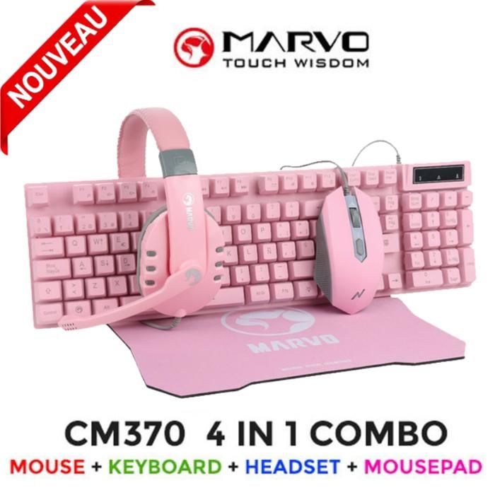 MARVO Clavier CM370 PK Combo Gaming 4 In 1 Rose 3200 DPI / Tapis de Souris / Rétroéclairage 7 Couleurs /Anti-transpiration