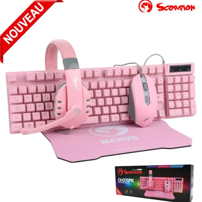 MARVO Clavier CM370 PK Combo Gaming 4 In 1 Rose 3200 DPI / Tapis de Souris / Rétroéclairage 7 Couleurs /Anti-transpiration