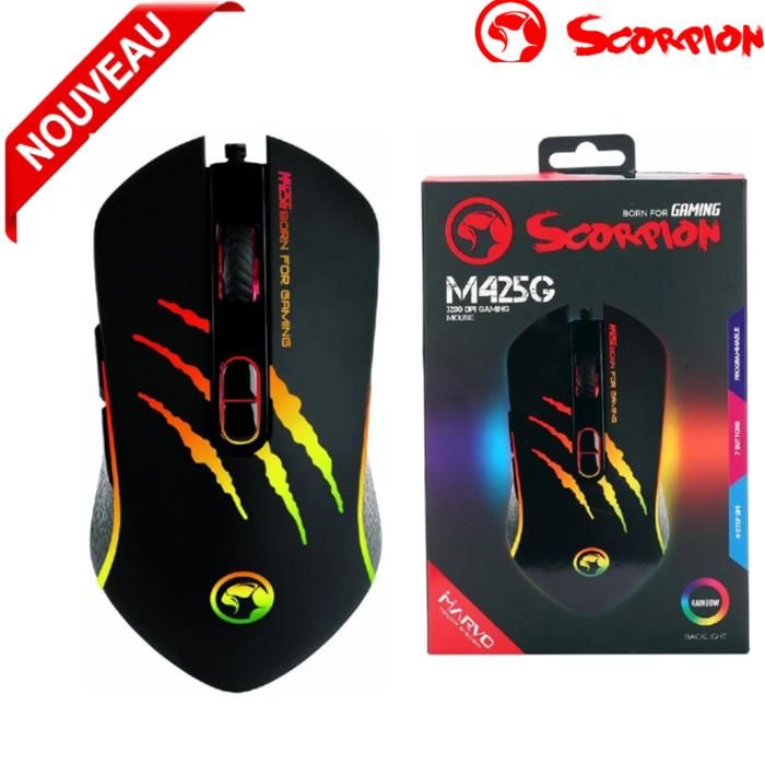 Souris de jeu Marvo Scorpion M425G RGB, 7 boutons programmables, capteur optique jusqu'à 3200 dpi, rétroéclairage
